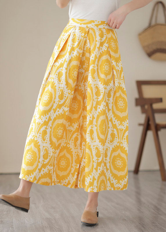 Beautiful Yellow High Waist Pockets Print Crop Pants Skirt Summer