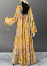 Beautiful Yellow Lace Up Patchwork Cotton Maxi Dresses Fall