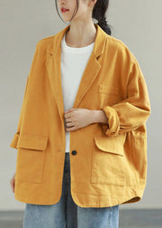 Beautiful Yellow Notched Pockets Patchwork Cotton Coats Spring