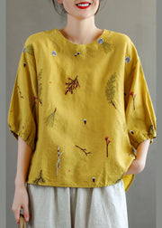 Beautiful Yellow O-Neck Embroideried Linen Tank Top Lantern Sleeve