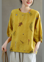 Beautiful Yellow O-Neck Embroideried Linen Tank Top Lantern Sleeve