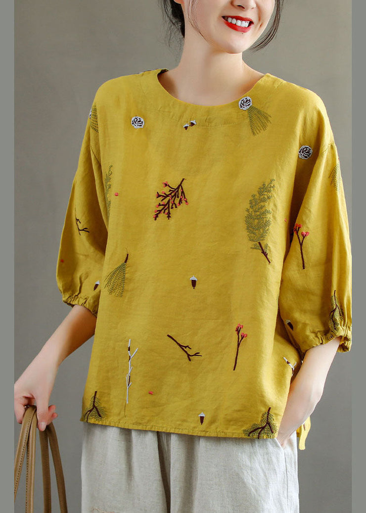 Beautiful Yellow O-Neck Embroideried Linen Tank Top Lantern Sleeve