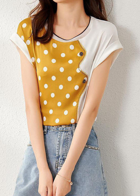 Beautiful Yellow O Neck Patchwork Print Silk Top Summer