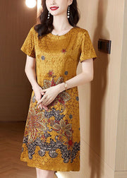 Beautiful Yellow O-Neck Print Silk Robe Dresses Summer