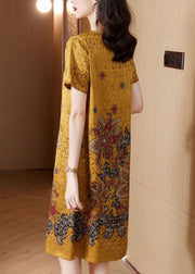 Beautiful Yellow O-Neck Print Silk Robe Dresses Summer