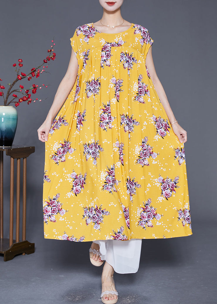 Beautiful Yellow Oversized Print Cotton Party Dress Summer