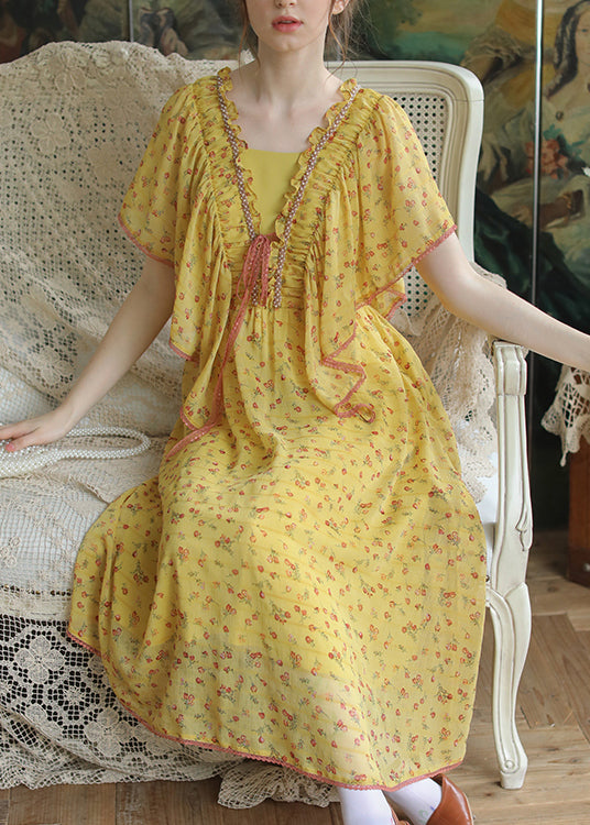 Beautiful Yellow Ruffled Lace Up Nail Bead Chiffon Long Dresses Summer