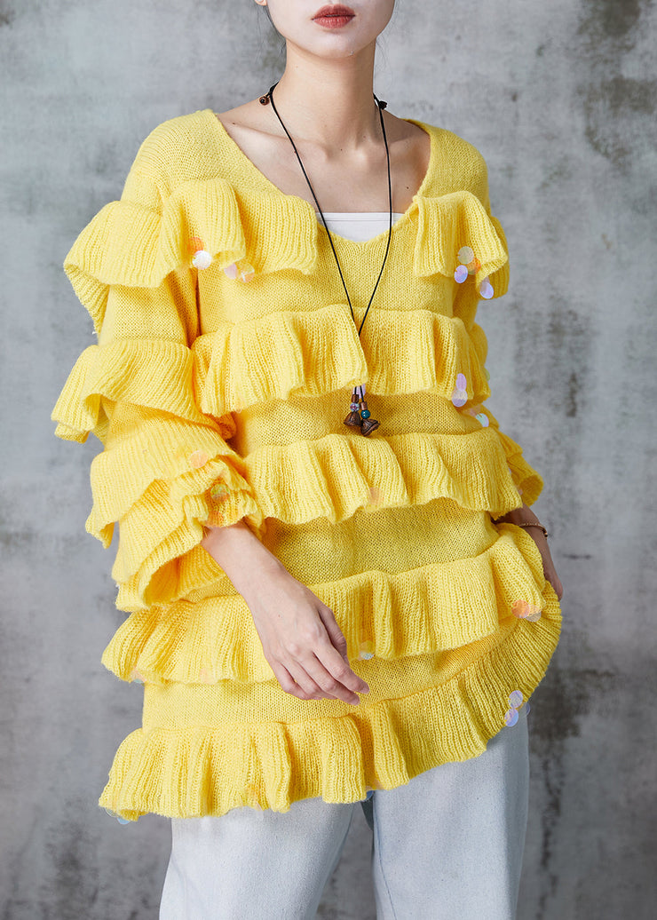 Beautiful Yellow Ruffled Sequins Knit Pullover Spring