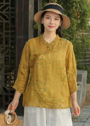 Beautiful Yellow Stand Collar Print Patchwork Linen Blouse Top Spring