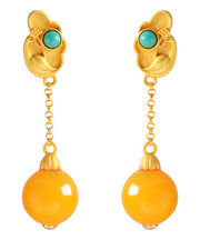 Beautiful Yellow Sterling Silver Overgild Beeswax Turquoise Drop Earrings