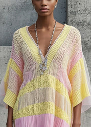 Beautiful Yellow V Neck Patchwork Tulle Sweater Dress Fall