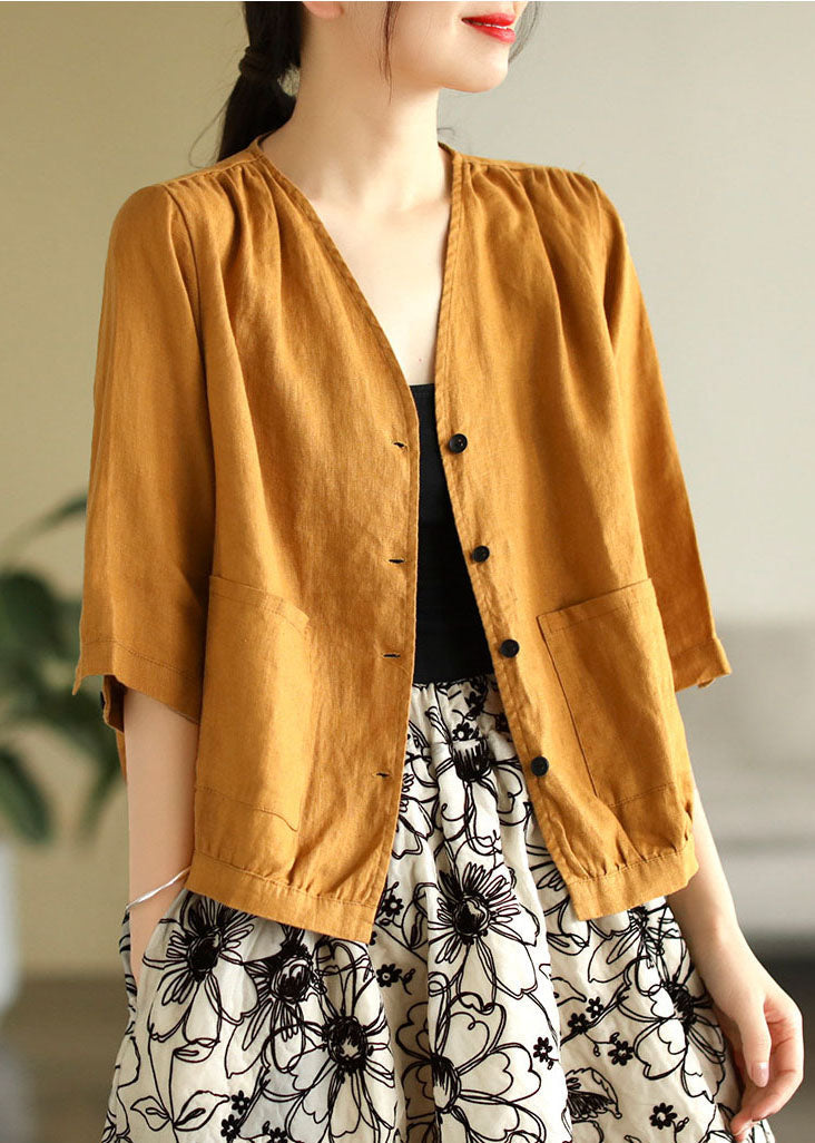 Beautiful Yellow V Neck Pockets Linen Shirt Tops Half Sleeve