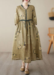 Beautiful Yellow V Neck Print Wrinkled Tie Waist Linen Long Dresses Summer