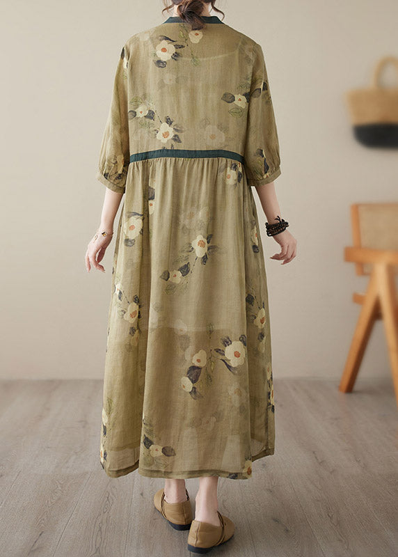 Beautiful Yellow V Neck Print Wrinkled Tie Waist Linen Long Dresses Summer