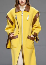 Beautiful Yellow Zip Up Patchwork Pockets Woolen Coats Fall