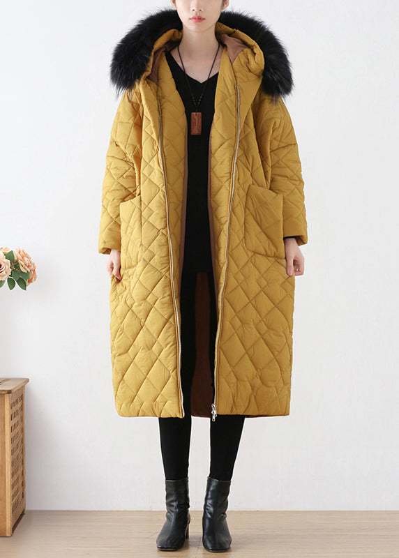 Beautiful Yellow Zippered Warm Hooded Long Parka Winter