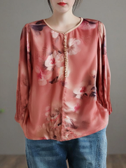 Grace Red O Neck Print Silk Tops Lantern Sleeve