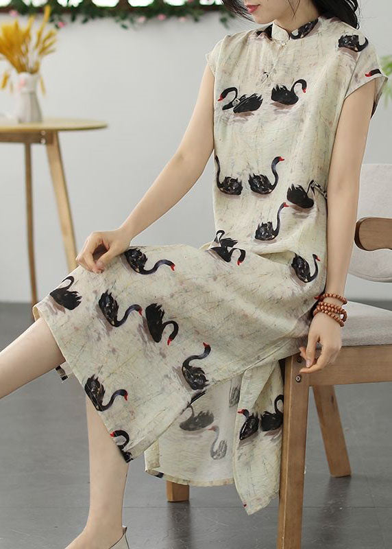 Beige Animal Print Patchwork Linen Dress Stand Collar Summer