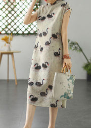 Beige Animal Print Patchwork Linen Dress Stand Collar Summer