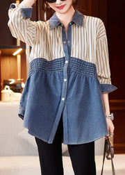 Beige Blue Striped Denim Patchwork Shirts Spring