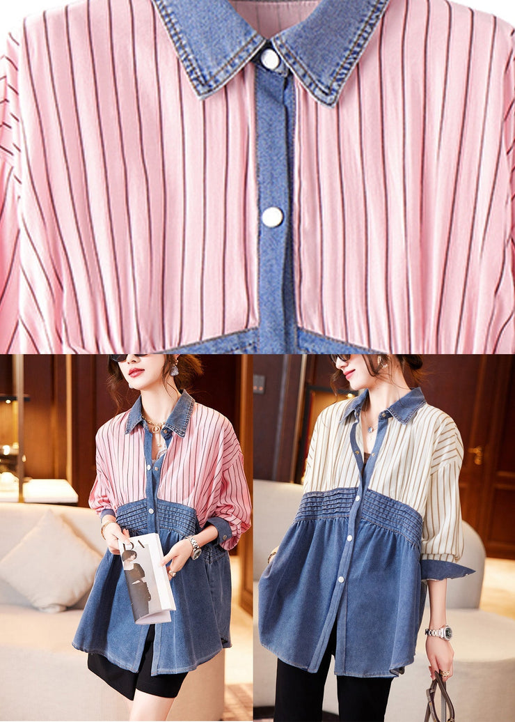 Beige Blue Striped Denim Patchwork Shirts Spring