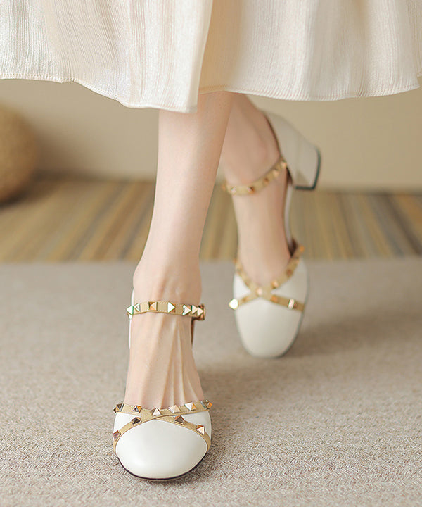 Beige Buckle Strap Cowhide Leather Rivet Baotou Sandals