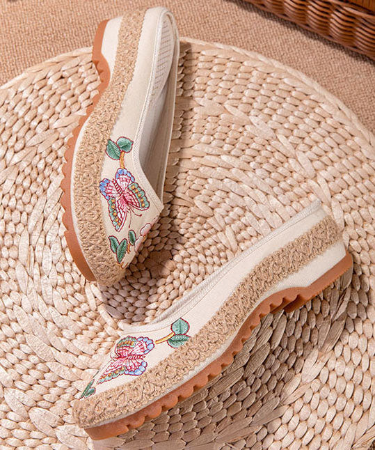 Beige Butterfly Embroideried Splicing Linen Fabric Slide Sandals Women