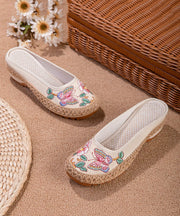 Beige Butterfly Embroideried Splicing Linen Fabric Slide Sandals Women