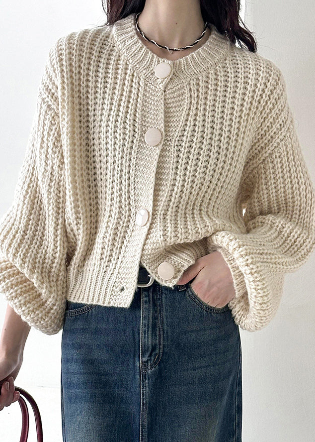 Beige Button Cotton Knit Cardigan O Neck Long Sleeve