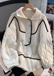 Beige Button Knit Patchwork Parka Stand Collar Winter