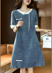 Beige Button Patchwork Denim Dress O Neck Short Sleeve