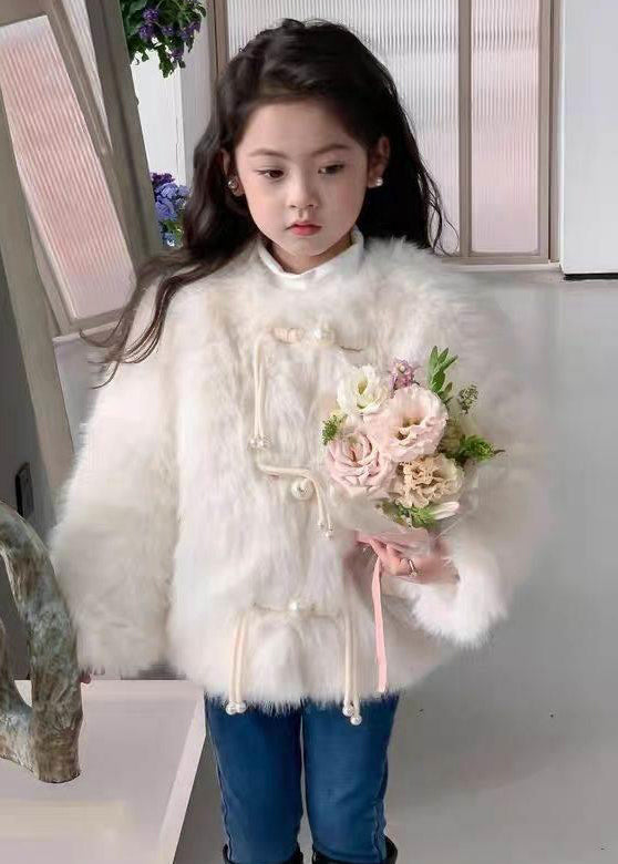 Beige Button Patchwork Mink Hair Girls Coat O-Neck Spring