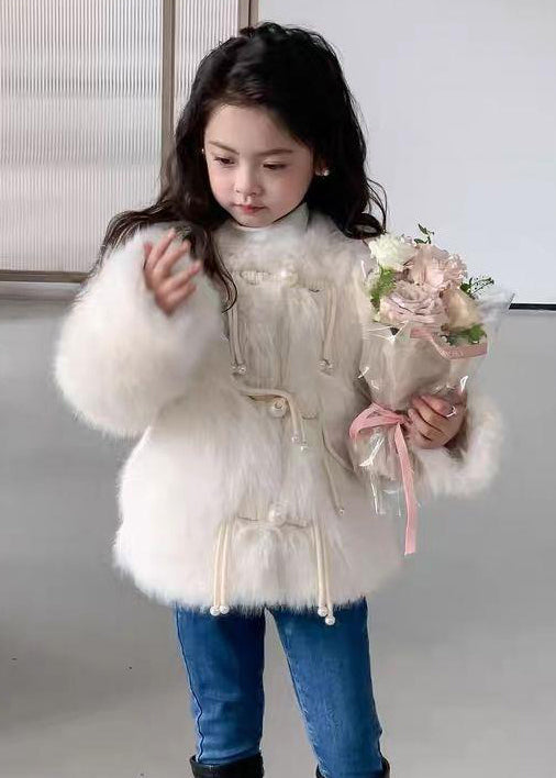 Beige Button Patchwork Mink Hair Girls Coat O-Neck Spring