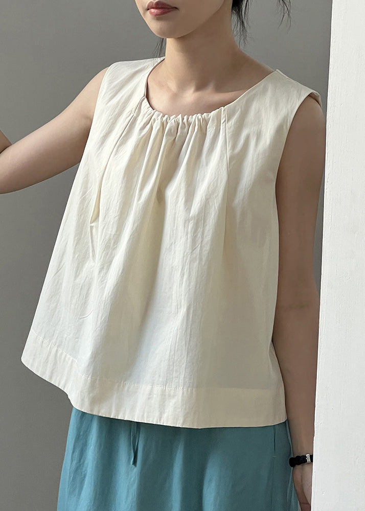 Beige Button Solid Cotton Tops O-Neck Summer