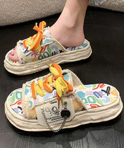 Beige Canvas Lace Up Doodle Splicing Platform Slide Sandals