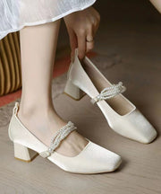 Beige Classy Beading Chunky Heel Satin Square Toe