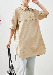 Beige Cotton Long Shirts Oversized Pockets Short Sleeve