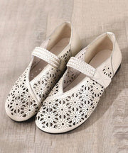 Beige Cowhide Leather Hollow Out Splicing Flat Feet Shoes