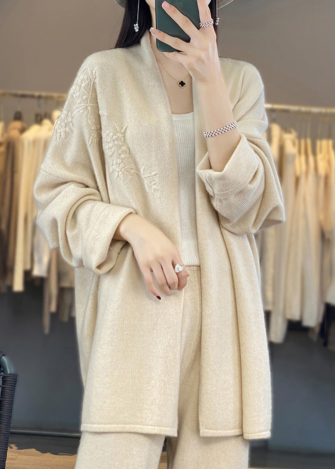 Beige Cozy Patchwork Cashmere Cardigan V Neck Long Sleeve