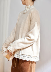 Beige Cozy Patchwork Cotton Knit Tops O Neck Long Sleeve