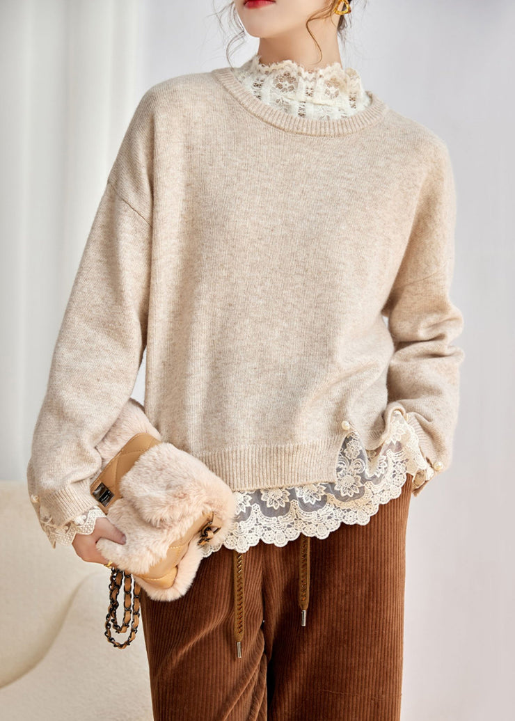 Beige Cozy Patchwork Cotton Knit Tops O Neck Long Sleeve