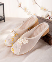 Beige Embroideried Slide Sandals Women Tulle Boho Splicing