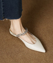 Beige Flat Sandals Faux Leather Pointed Toe Fashion Splicing Zircon