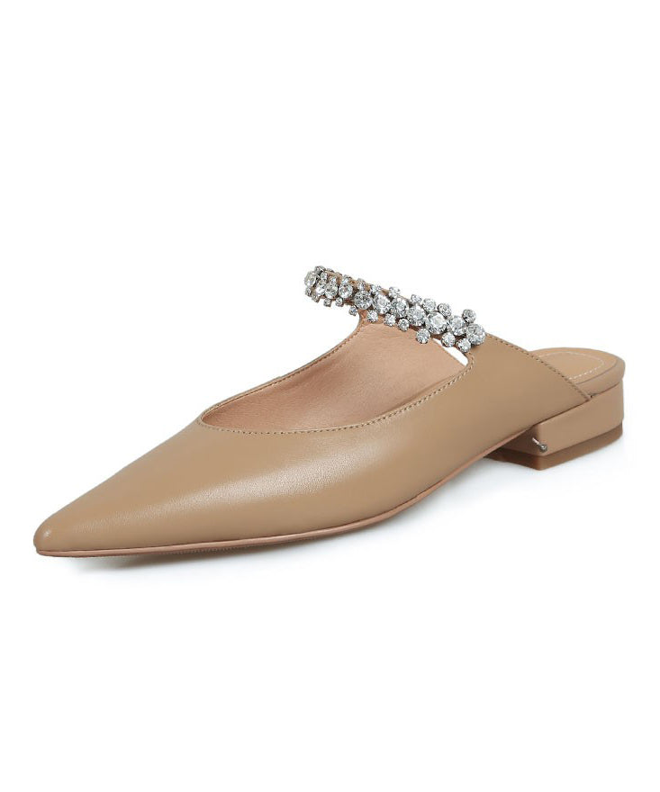 Beige Flat Sandals Faux Leather Pointed Toe Fashion Splicing Zircon