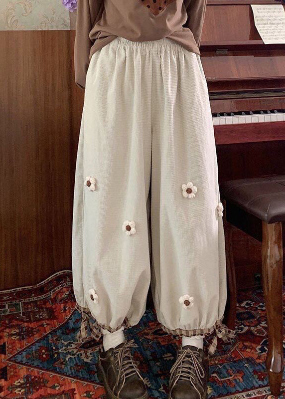 Beige Floral Lace Up Corduroy Wide Leg Pants High Waist