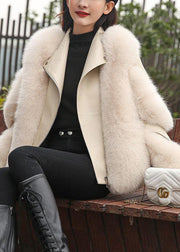 Beige Fox Collar Button Leather And Faux Fur Coats Winter