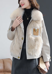 Beige Fox Collar Button Sheepskin Coat Fall