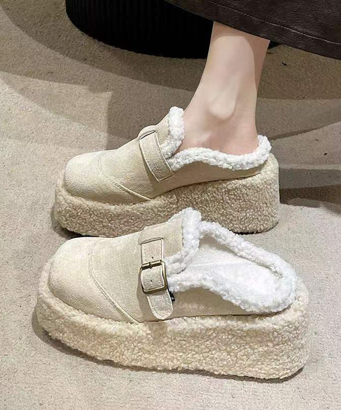 Beige Fuzzy Wool Lined Slippers Shoes Platform Wedge Heels