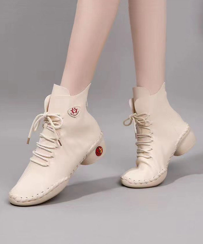 Beige Genuine Leather Boots Splicing Cross Strap