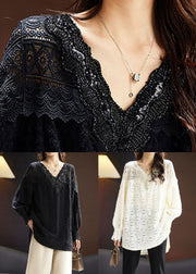 Beige Hollow Out Lace Top V Neck Long Sleeve